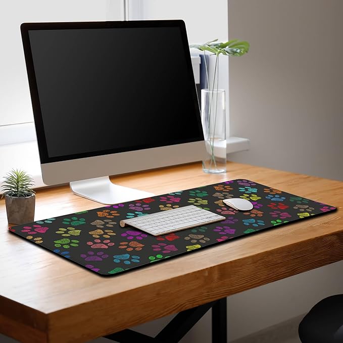 Desktop Mat Black, XXL Mouse Pads Pc Mouse Pad, Mat Mouse Pad Non-Slip Rubber Base Waterproof with Stitched Edges, 35.4 X 15.7 inch for Work/Game/Office/Home Colorful Animal Pets Dog Paw