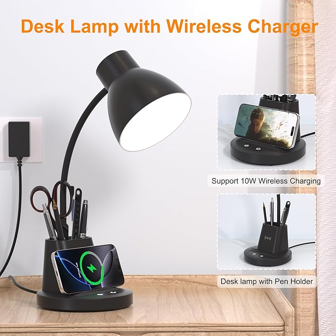Sailstar Desk Lamp with Wireless Charger, 3 Color Modes Dimmable Desk Lights with Pen Holder, 800LM CRI 95+ Neck Flexible Desk Lamp for Home Office, College Dorm, Studying, Working, Adapter Included