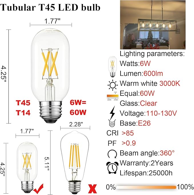 LiteHistory T14 T45 LED Bulb,6W E26 LED Bulb Dimmable Equivalent E26 Bulb 60 Watt,Warm White 3000K E26 Edison Bulb,AC120V,600lm,CRI85,Clear Glass,Tubular Light Bulb,ETL Listed,Pack of 6