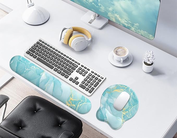eulps Mouse Pad Wrist Support, Ergonomic Memory Foam Keyboard Wrist Pad & Gel Wrist Rest Set for Computer Keyboard for Easy Typing for Office & Home(Blue Marble Set)