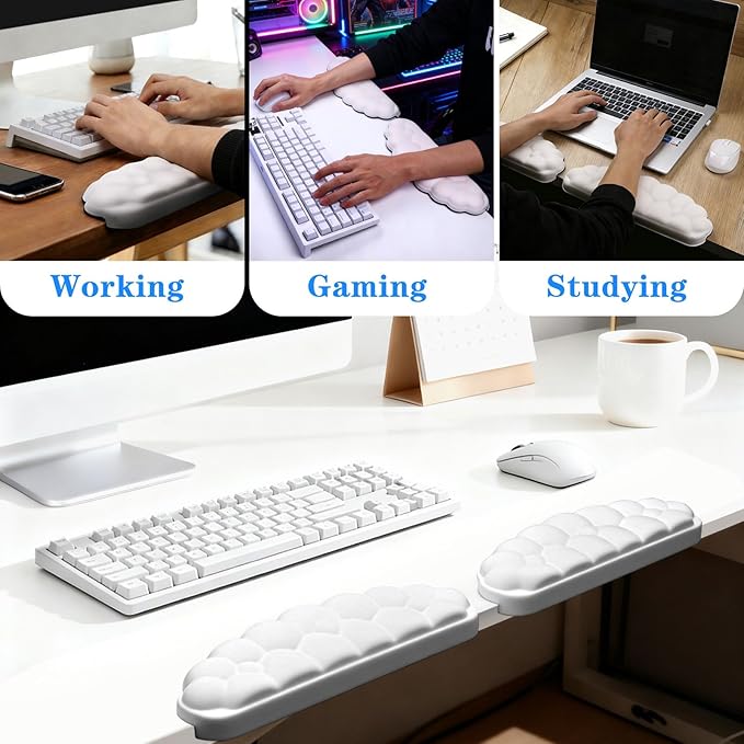 2 Pack Cloud Desk Elbow Pads, Adjustable Spacing Soft Memory Foam with Non-Slip Base, Ergonomic Desk Edge Cushion & Wrist Rest for Computer Keyboard, Office and Home Use White