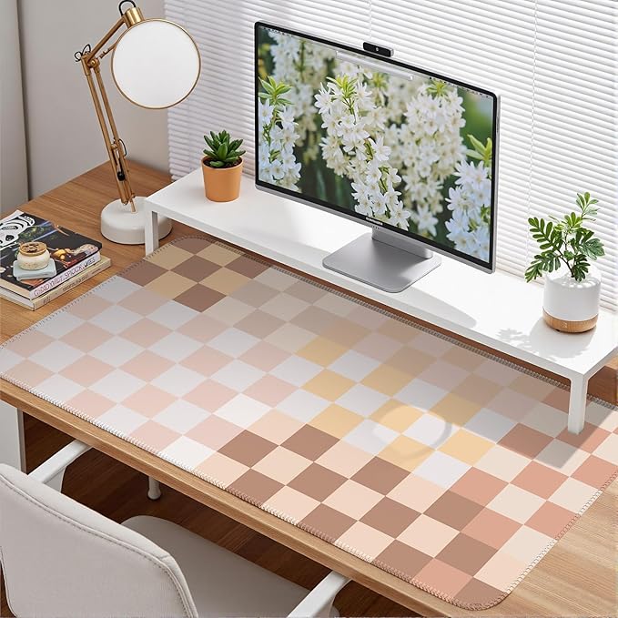 Checkered Boho Desk Mat Beige Pink Mouse Pad XXL Pastel Retro Large Mouse Pad with Stitched Edges, Keyboard Pad Mouse Mat for Computer Aesthetic Office Decor Desk Matt for Desktop 31.5 X 15.7In