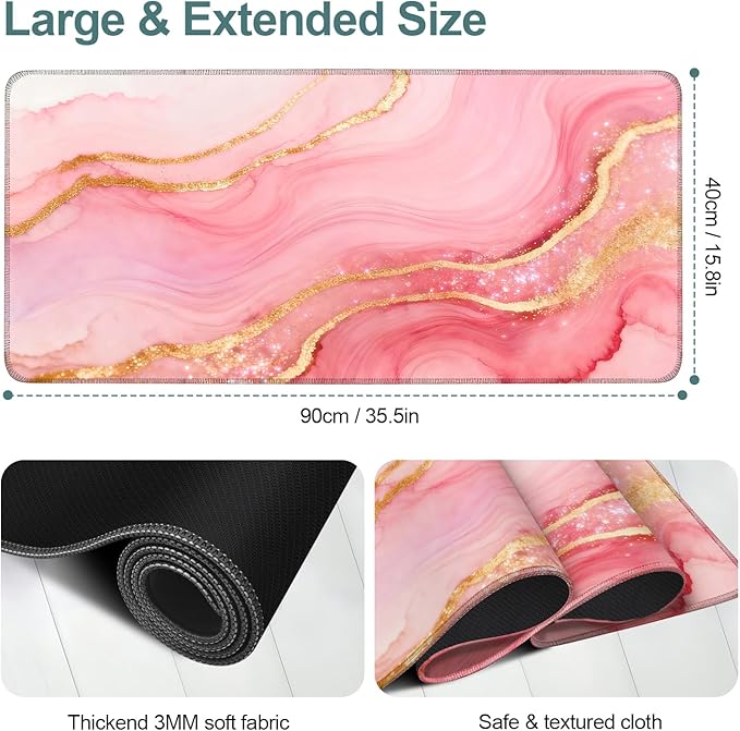 Pink Marble Extended Gaming Mouse Pad 35.4x15.7Inch Large Desk Mat Anti-Slip Rubber Base & Durable Stitched Edges for Gamers Smooth Mouse Writing Surface for Desk Office/Home