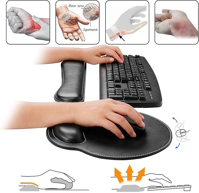 RICHEN Ergonomic PU Leather Keyboard Wrist Rest and Mouse Pad with Wrist Support, Memory Foam Set for Computer/Laptop,Gaming and Office, Comfortable for Easy Typing (PU Black)