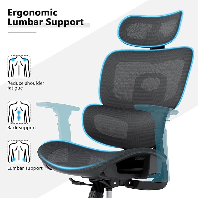 Ergonomic Mesh Office Chair, Adjustable Headrest, 3D Armrests, Lumbar Support, Tilt Lock Function, Breathable High-Back Desk Chair Computer Chair for Home Office Work, Study, Gaming, Black