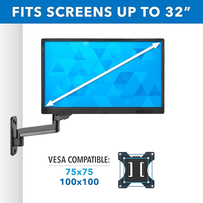 Mount-It! Monitor Wall Mount with Full Motion Gas Spring Arm | Height Adjustable Bracket for Flat Panel Screens Up to 32" | Fits VESA 75 and 100, 17.6 Lbs Capacity, Black