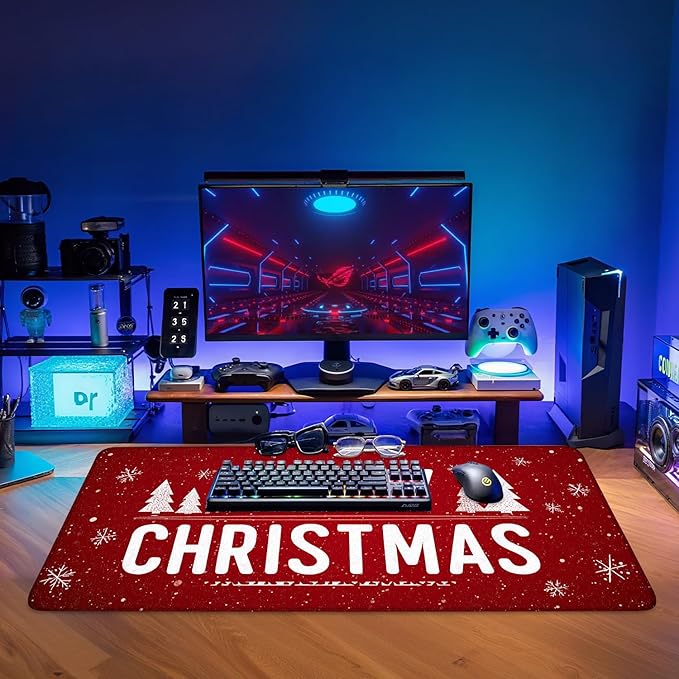 Merry Christmas Extended Gaming Mouse Pad 35.4x15.7Inch Large Desk Mat Anti-Slip Rubber Base & Durable Stitched Edges for Gamers Smooth Mouse Writing Surface for Desk Office/Home