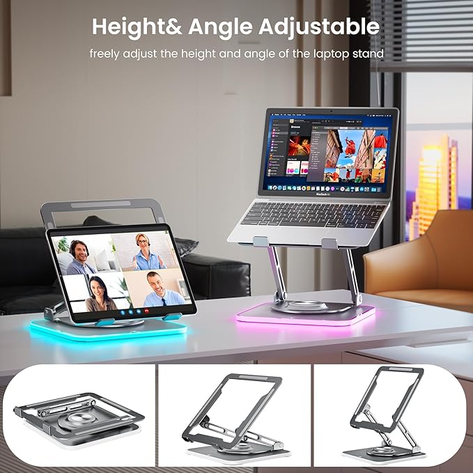 Laptop Stand for Desk, Adjustable Computer Stand with 360° Rotating Base, Ergonomic Laptop Riser for Collaborative Work, Foldable & Portable Laptop Stand, fits for All 10-16" Laptops (RGB-Gray)
