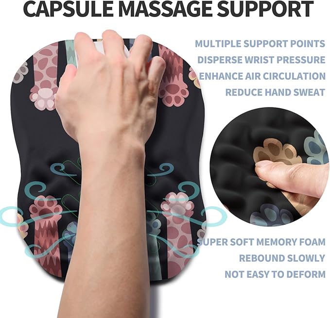 Ergonomic Raised Mouse Pad Wrist Support with Bilateral Slope Memory Foam Mousepad for Wrist Rest and Carpal Tunnel 11.8x7.9〃Cat Claws