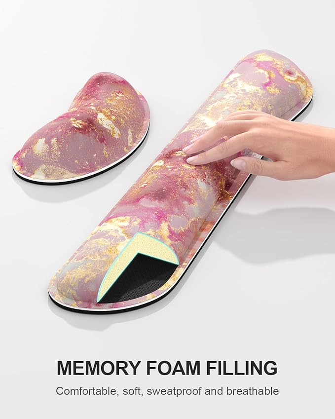 Auhoahsil Large Mouse Pad with Wrist Rests for Keyboard & Mouse, Thick Soft Ergonomic Memory Foam Wrist Supports, Big & Long Desk Mat 35.5 x 15.7 in, for Office Gaming Computer, Pink Gold Marble