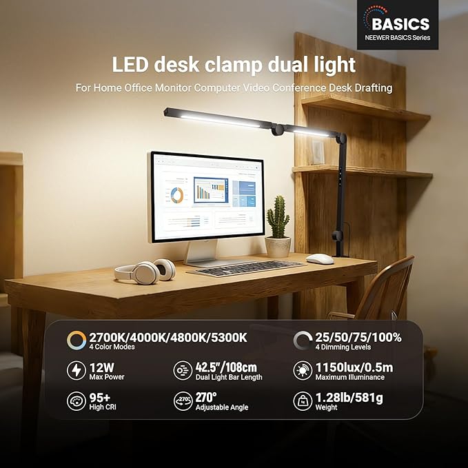 NEEWRE Basics 12W 42.5" Clip On LED Lamp with Dual Light Bar, CRI95+ Bi Color Aluminum Alloy Table Architect Light Dimmable for Home Office Monitor Computer Video Conference Desk Drafting, ME-DL02
