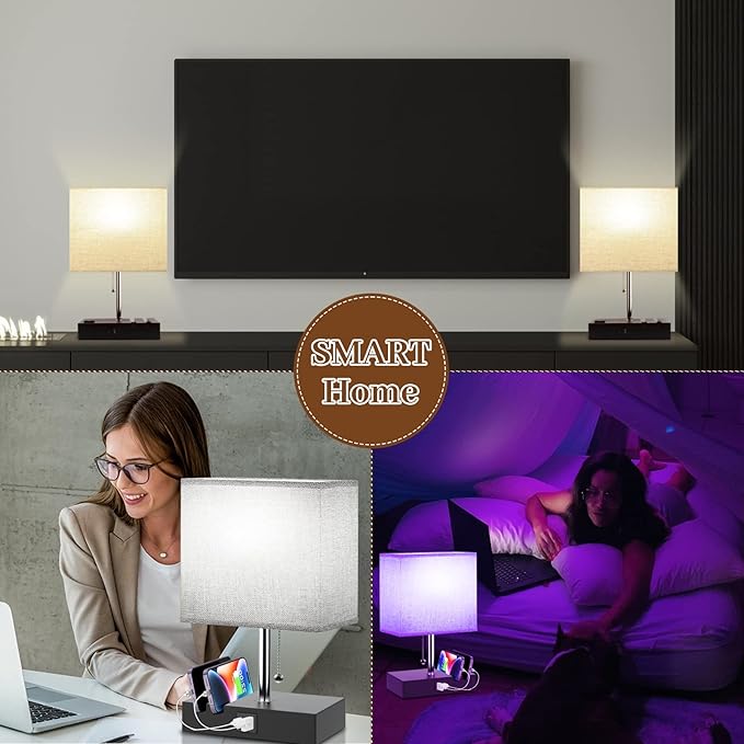 Smart RGB Dimmable Table Lamp Work with Alexa&APP&Remote Control, Bedside Desk Lamp with Charging Ports&Outlet&Phone Stand, Music Sync Nightstand Lamp for Bedroom Living Room Office Dorm