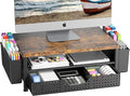 Wood Metal Monitor Stand Riser, Laptop Stand for Desk, Office Desk Organizer and Accessories, Computer Desktop Shelf with Drawer and Pen Holder, Printer Stand for Home, Office, Dorm (Brown)