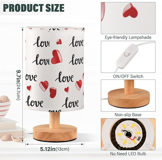 Red Love LED Table Lamp, Bedside Lamp with Linen Lampshade, Flicker-Free Eye Care USB Plug in Nightstand Lamp, for Bedroom and Office