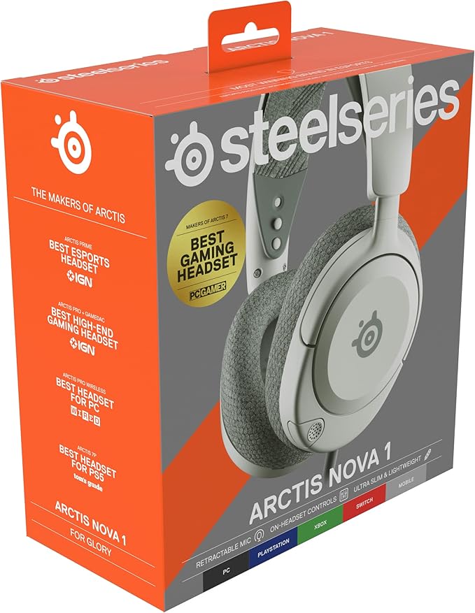 SteelSeries Arctis Nova 1 Multi-System Gaming Headset — Hi-Fi Drivers — 360° Spatial Audio — Comfort Design — Durable — Ultra Lightweight — Noise-Cancelling Mic — PC, PS5/PS4, Switch, Xbox - White
