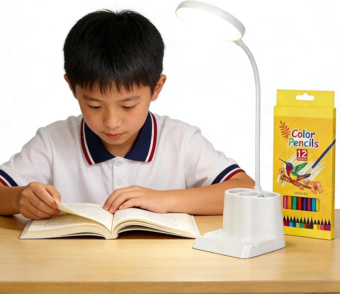 LED Desk Lamp for Home Office, 360° Rotating Gooseneck Small Table Lamp with USB Charging Port, Eye-Care Reading Dimmable Desk Light with Pen Phone Holder, 12 Colored Pencils, White
