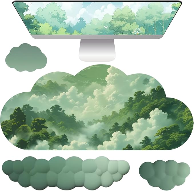 Cloud Mouse Pad Keyboard Wrist Rest for Mouse 4PCS Extended Large Desk Mat Pad Set Memory Foam Non-Slip Cute Ergonomic Gaming Mouse Wrist Support for Computer Home Office Mountain Forest Green