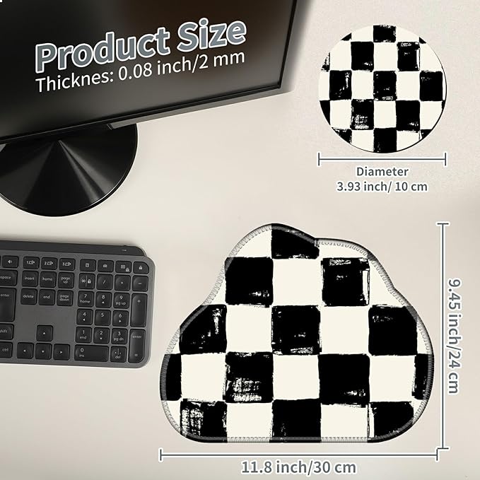 Cute Mouse Pad Plus 1 Coaster, Small Gaming Mouse Mat 11.8 x 9.45 inches, Travel Mouse Pads with Durable Stitched Edges Non-Slip Base, Black White Checkered Decor Mousepad for Office Home