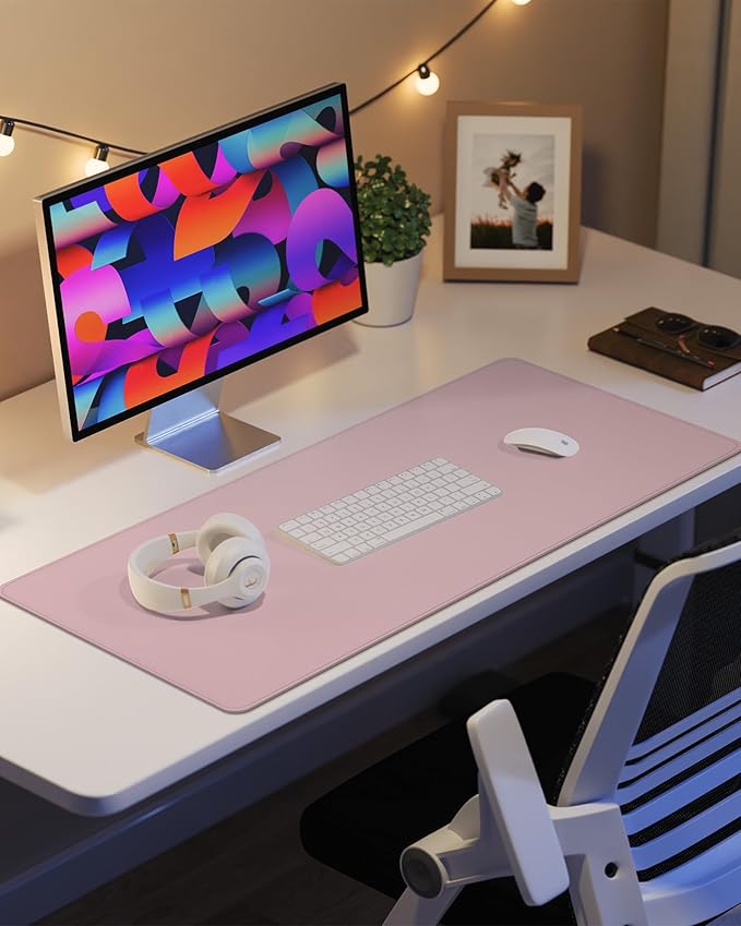 Leather Desk Pad Protector,Desk Mat,Large Mouse Pad, Non-Slip Desk Pad, Waterproof PU Leather Desk Blotter Mat, Desk Cover for Office and Home (Light Pink, 36" x 17")