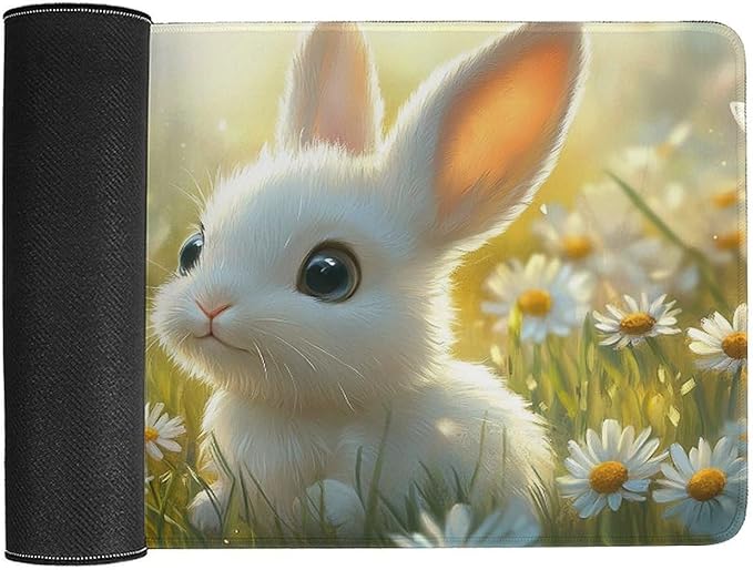 Large Ergonomic Gaming Mouse Pad Baby Bunny in Daisy Field - Sweet Rabbit Theme with Non-Slip Base Water-Resistant Surface and Stitched Edges 30x60cm