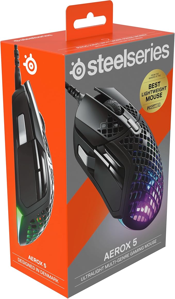 SteelSeries Aerox 5 - Holey RGB Gaming Mouse - Ultra-lightweight Water Resistant Design - 18K DPI TrueMove Air Optical Sensor