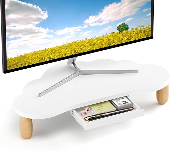 Monitor Stand Riser,Cloud-Shaped Sturdy Wood 16.5In Computer Monitor Riser Wirh Drawer, Multi-Purpose Desktop Organizer Riser for Computer,Laptop,Printer,TV,White