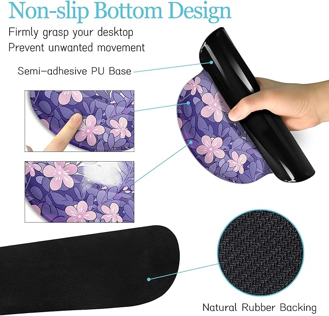 Purple Mouse Pad Large Desk Mat Set, Kawaii Cat Computer Mouse Pad with Wrist Rest Keyboard Wrist Support XXL Mousepad Cup Coaster Set, Cute Purple Office Desk Accessories Cat Decor Supplies