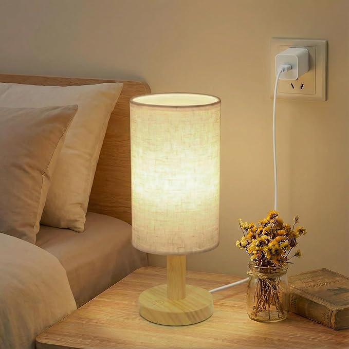Touch Bedside Table Lamp with USB Powered,Stepless Dimming 2700K Warm Night Light, Minimalist Wood Base Linen Shade,Boho Nightstand Lamp for Bedroom Nursery Dorm Kitchen Small Spaces (5W LED 50K Hrs)