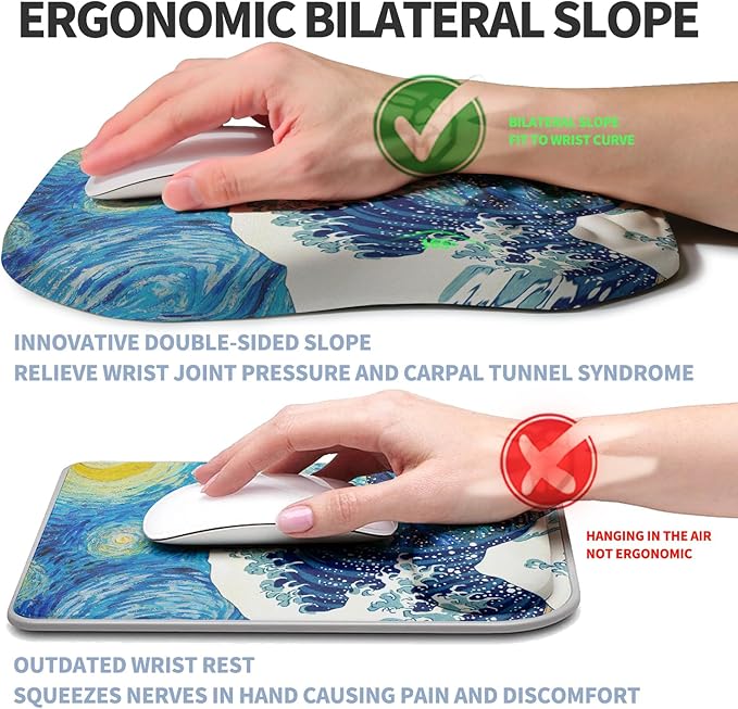 Ergonomic Raised Mouse Pad Wrist Support with Bilateral Slope Memory Foam Mousepad for Wrist Rest and Carpal Tunnel 11.8x7.9〃Starry Night Waves