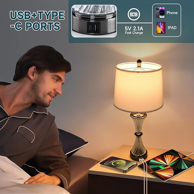 Terpsichore Touch Dimmable Table Lamps Modern Glass Table Lamp LED Lights Coastal Light USB Powered Desk Lights Bedside Crystal Lamps Nightstand Lamp Set of 2 & Outlets for Bedroom, Living Room