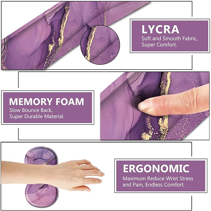 AIMSA Keyboard Wrist Rest Support + Mouse Pad + Mouse Wrist Rest + Coaster, Ergonomic Memory Foam Anti-Slip Rubber Base 4 PCS Set Easy Typing Pain Relief, Purple Marble