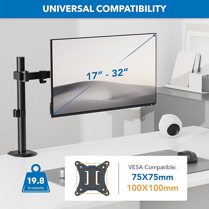 Mount-It! Single Monitor Arm Mount | Desk Stand | Full Motion Height Adjustable Articulating Tilt | Fits 19 21 24 27 29 30 32 Inch VESA 75 100 Compatible Computer Screen | C-Clamp and Grommet Base
