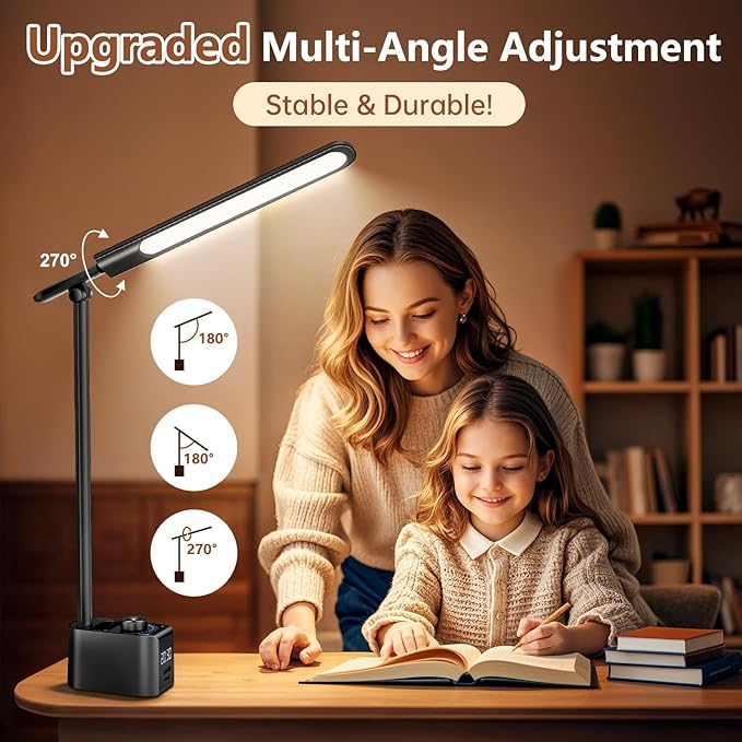 COOLNIGHT LED Desk Lamp,5 Colors+11 Brightness LED Desk Lamp with USB Charging Port+Clock+Pen Holder,700 Lumen Desk Light Classroom Desk Lamps for Home Office, Bed,Reading,Nail,Craft