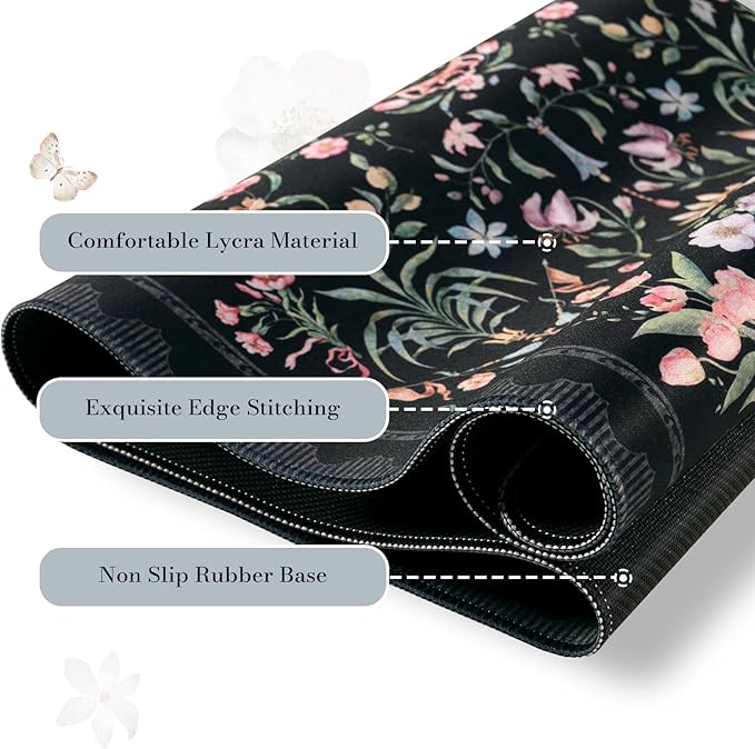 HAOCOO Elegant Floral Desk Mat, Vintage Aesthetic Mouse Pad Black, Flower Plant Extended Desk Cover Mat, 35.4" x 15.7" Non-Slip Computer Pad, Waterproof Desktop Protector for Office, Home, School