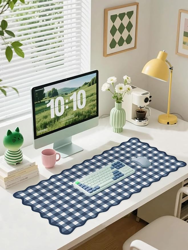 Scalloped‌ Checkered Desk Mat Cute Dark Blue XXL Large Gaming Mouse Pad Gingham Kawaii Cottagecore ‌Vintage‌ Laptop Keyboard Computer Mat for Desktop Aesthetic Desk Pad Accessories Decor