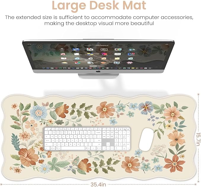 iCasso Desk Mat, Scalloped Desk Matt for Desktop, Cute XXL Large Mouse Pad, Anti-Slip Big Mousepad with Stitched Edges, Keyboard Pad Mouse Mat for Computer(Beige)