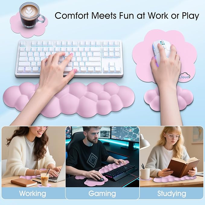 Cloud Wrist Rest Keyboard Cushion, 4-in-1 Ergonomic Cloud Keyboard Wrist Rest and Mouse Pad Set with Memory Foam Arm Support for Palm, Cute Desk Accessory for PC Gaming Setup, Pink