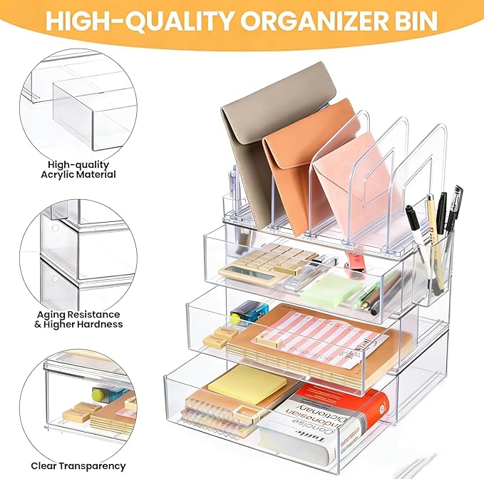 Acrylic Desk Organizer with 4-Vertical File Holder Rack, 3-Clear Drawer and 2 Pen Holders, Desktop Storage for Office Desk Accessories School Classroom Organization (Clear)