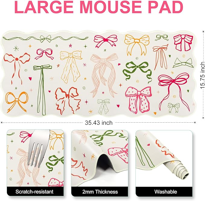L-SPOUTTO Cute Mouse Pad,Girly Bow Desk Mat XXL Large Scalloped Gaming Mousepad,35.4x15.7in Non-Slip Rubber Base Keyboard Pad Waterproof Desktop Mat for Laptop Computer Work Game Home Office-Ribbon