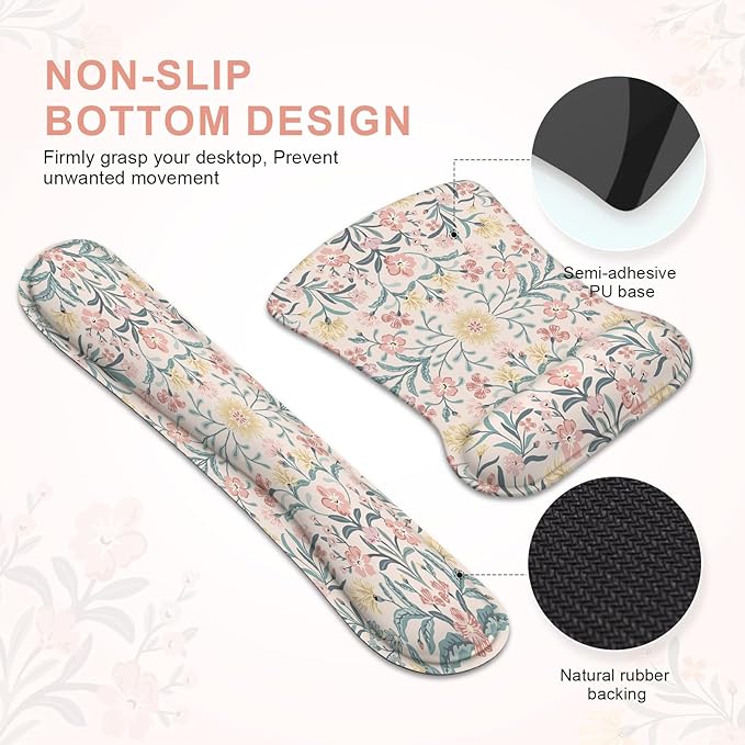 iCasso Ergonomic Mouse Pad, Keyboard Wrist Rest, Memory Foam Mousepad with Wrist Support, Easy Typing and Relieve Wrist Pain Keyboard Pad for Computer(Pink Floral)