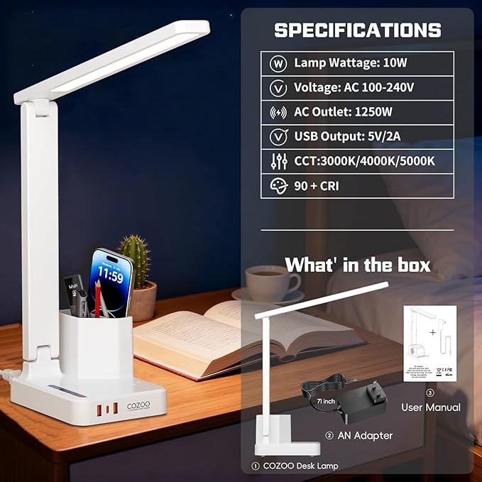 COZOO Dimmable Desk Table Lamp with Pen Holder/Organizer,Study LED Desk Lamp with USB Charging Port/Type C Port/Outlets/Storage Box/Touch,Kids Desk Reading Light for Students,Desk Lamp for Home Office