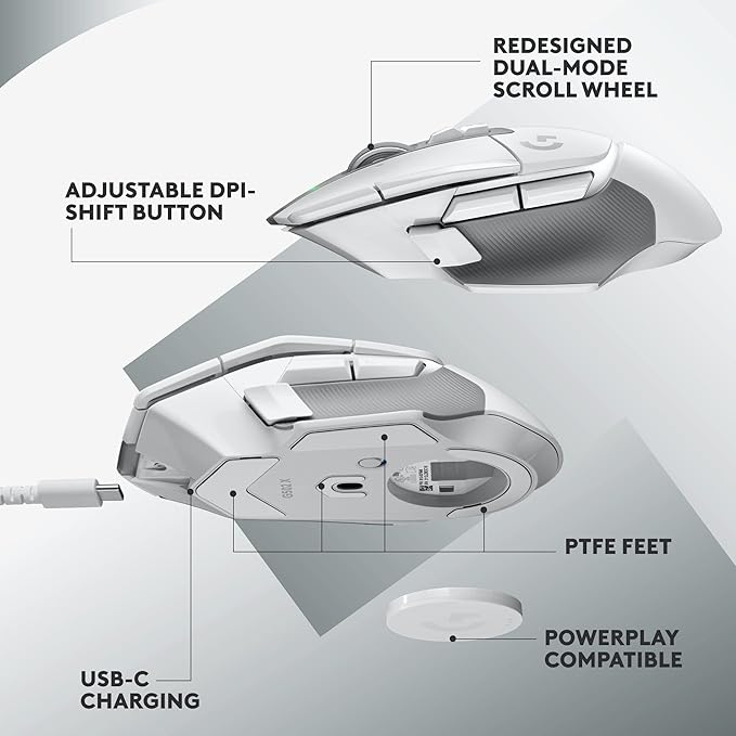 Logitech G502 X Lightspeed Wireless Gaming Mouse: Optical Switches, 13 Buttons, <140 hrs Battery Life & USB-C, Infinite Scroll Toggle, PowerPlay Wireless Charging Capable, for PC/MacOS - White