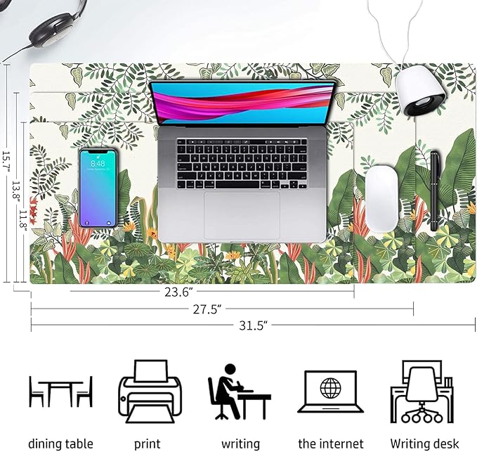Desk Mat Large Protector Pad 23.6" ×11.8", Non-Slip PU Leather Desk Blotter, Waterproof Mouse Pad for Office Home Foliage