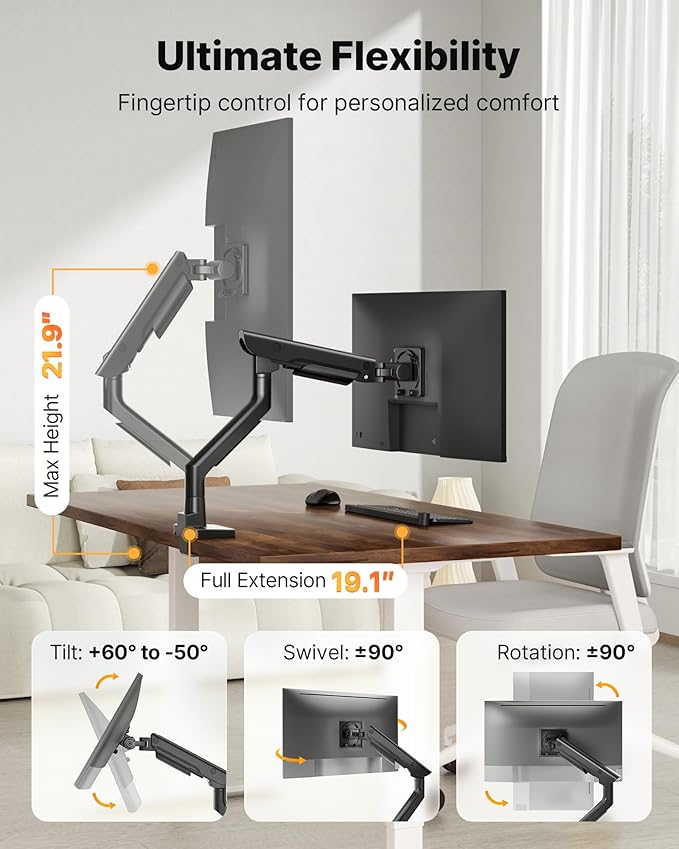 monTEK Sleek Aluminum Monitor Arm for 17–57” Ultrawide Screens up to 59.4 lbs, Heavy Duty Single Monitor Arm Desk Mount, Pneumatic Lift, Quick-Release Plate, Clamp/Grommet, Max VESA 100x100