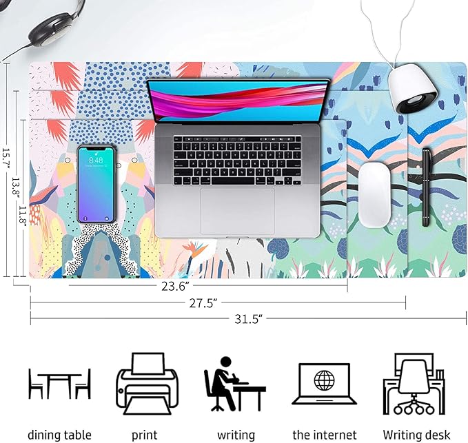 Desk Mat Large Protector Pad 31.5" x15.7", Non-Slip PU Leather Desk Blotter, Waterproof Mouse Pad for Office Home Flowery