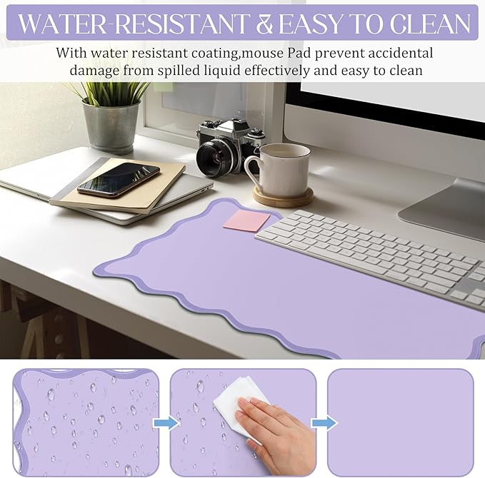 Scalloped Desk Mat Large Scalloped Piping Cute Desk Mat Aesthetic Preppy Table Pad Large Nonslip Pad with Edge Stitching Waterproof Gaming(Purple,23.62 x 13.78 Inches)