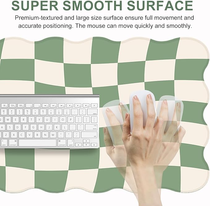 L-SPOUTTO Green Mouse Pad,Geometric Desk Mat XXL Large Scalloped Gaming Mousepad,35.4x15.7in Non-Slip Rubber Base Keyboard Pad Waterproof Desktop Mat for Laptop Computer Game Home Office-Checkered