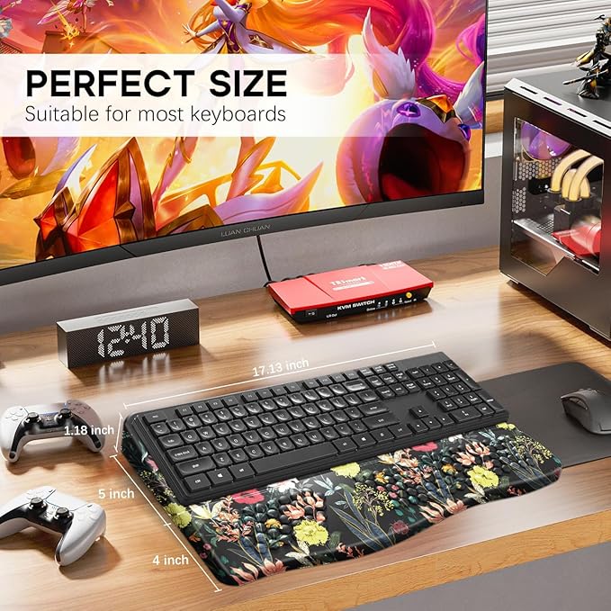 JIKIOU Keyboard Stand with Wrist Rest, Computer Keyboard Stand Pad with Non-Slip Base, Comfy Ergonomic Keyboard Riser Holder for Gaming Office Home 17.13x9.5 in (04Black Flowers)