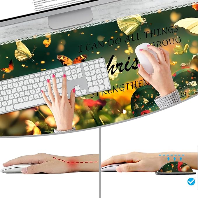 Extended Non-Slip Mouse Pad + Mouse Wrist Rest + Lace-Shaped Coaster Set, Ergonomic Design, Suitable for Desk and Home Gaming Table Mat, Butterflies and Philippians 4-13