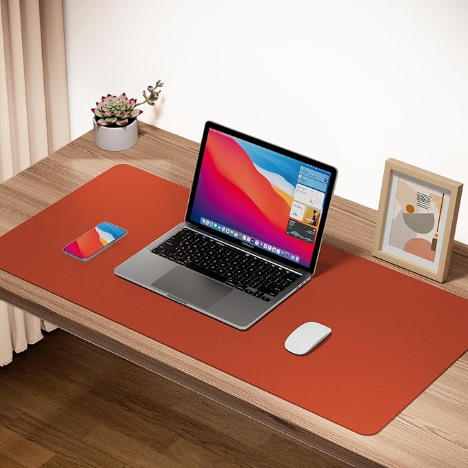 Boutilon Leather Desk Pad Protector,Non-Slip Mouse Pad,Laptop Desk Pad,Office Mouse Mat,Waterproof Leather Desk Blotter,Desk Writing Pad for Office and Home (S-Orange H,24"x 14")